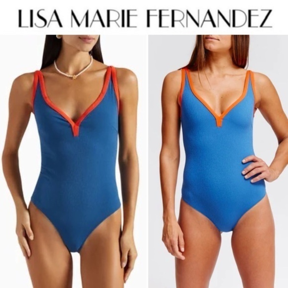 LISA MARIE FERNANDEZ Maria Maillot Navy Tomato  One-piece Swimsuit Stretch-Crepe